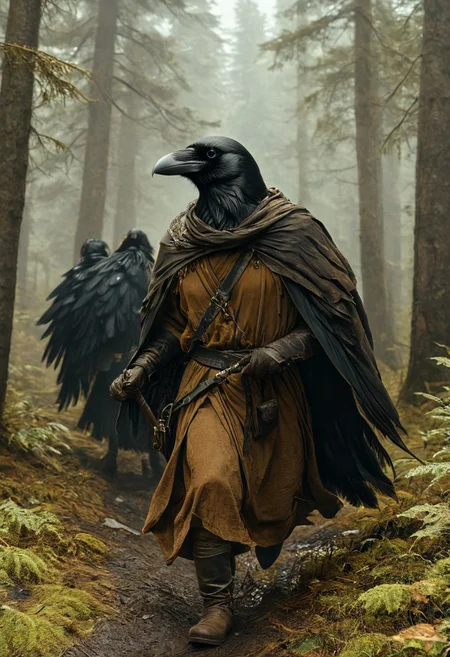 (masterpiece,best quality,ultra_detailed,highres,absurdres:1.2), DnD_Grainyboyz,
BREAK
highly detailed photo of black corvidfolk running through forest, wearing brown robe, moody forest,
<lora:neg4all_bdsqlsz_xl_V9:2><lora:dynposes3870:0.8>