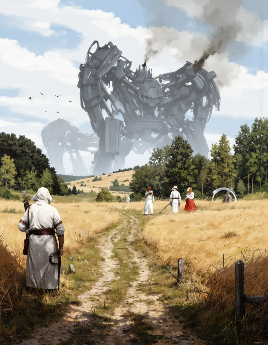 By Jakub Rozalski. A digital illustration shoot from a far camera angle about a scene depicting a group of people in a field with a large, imposing structure in the background. the scene is set in a rural area with tall, dry grass and a dirt path leading to the structure. the sky is filled with fluffy white clouds and a few birds are flying in the distance. on the left side of the image, a tall, metallic structure appears to be a large robot-like structure with a smoky, greyish-blue hue, standing tall amidst the surrounding hills and trees. in the foreground, a few people, including a man with a black hair, a woman with a white headscarf, and a boy with a brown hair, are standing in a line, facing away from the viewer. they are all wearing white clothing and holding weapons, with the man in the front holding a bow and arrow. the woman in the back is wearing a red dress and a white hat, while the boy in the middle is holding a scythe. the overall atmosphere is peaceful and serene, with a sense of mystery and adventure.