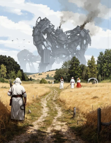 By Jakub Rozalski. A digital illustration shoot from a far camera angle about a scene depicting a group of people in a field with a large, imposing structure in the background. the scene is set in a rural area with tall, dry grass and a dirt path leading to the structure. the sky is filled with fluffy white clouds and a few birds are flying in the distance. on the left side of the image, a tall, metallic structure appears to be a large robot-like structure with a smoky, greyish-blue hue, standing tall amidst the surrounding hills and trees. in the foreground, a few people, including a man with a black hair, a woman with a white headscarf, and a boy with a brown hair, are standing in a line, facing away from the viewer. they are all wearing white clothing and holding weapons, with the man in the front holding a bow and arrow. the woman in the back is wearing a red dress and a white hat, while the boy in the middle is holding a scythe. the overall atmosphere is peaceful and serene, with a sense of mystery and adventure.