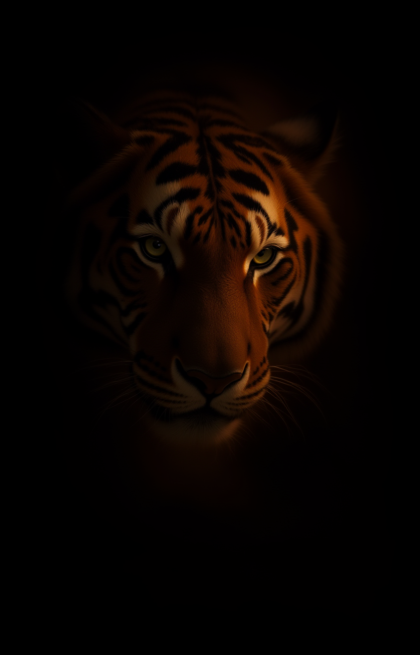 vantablack,  a tiger with dark golden shiny bright glowing stripes cutting through the darkness separated on black background layer,  <lora:- Flux1 - vanta_black_V2.0:.7>