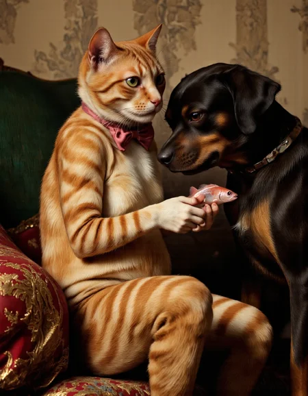 <lora:funnys:1>, This image is a hyper-realistic photograph capturing an enchanting and whimsical scene. It features two anthropomorphic animals seated on a vintage-style green armchair, rendered with meticulous attention to detail and lifelike textures. On the left sits a striped ginger cat with soft, velvety fur, its sleek coat showcasing intricate tabby patterns that ripple subtly under the light. Its large, round eyes reflect delicate highlights, making them appear almost alive, imbuing the cat with a sense of quiet intelligence. The cat wears a perfectly knotted pink bow tie, contrasting elegantly against its warm, earthy tones. Its expression is calm yet slightly aloof, as if lost in thought, while its lithe yet slightly chubby bodyâwith fine folds of skin visible around its neckârests comfortably with paws crossed in its lap.,
To the right, a black and brown dog with glossy, intricately detailed fur gazes intently at a small, shimmering pink fish held delicately in its paws. The dog's expressive eyes are filled with concern and curiosity, each strand of fur meticulously defined, creating a sense of tactile realism. The fish gleams under soft lighting, its scales catching the light with a pearlescent sheen, adding a touch of magic to the composition.,
The background showcases an old floral-patterned wallpaper, its intricate design rendered with stunning clarity. Subtle shades of beige and light brown blend seamlessly, while the delicate floral motifs feature muted colors that evoke nostalgia. The dark green armchair, upholstered in a fabric with a slightly worn texture, anchors the scene with its rich, tactile surface. A red and gold patterned cushion on the left side adds a pop of color and depth, its embroidered details crisp and vivid.,
The interplay of light and shadow enhances the three-dimensional quality of the photograph, lending it an immersive atmosphere. Every elementâfrom the lifelike textures of the animals' fur to the aged patina of the armchairâcreates a seamless blend of classic charm and modern precision. The result is a humorous yet heartwarming moment frozen in time, inviting viewers into a world where reality meets imagination. The ginger cat's striking striped pattern adds a playful and dynamic contrast to the serene setting, further enhancing the visual narrative.