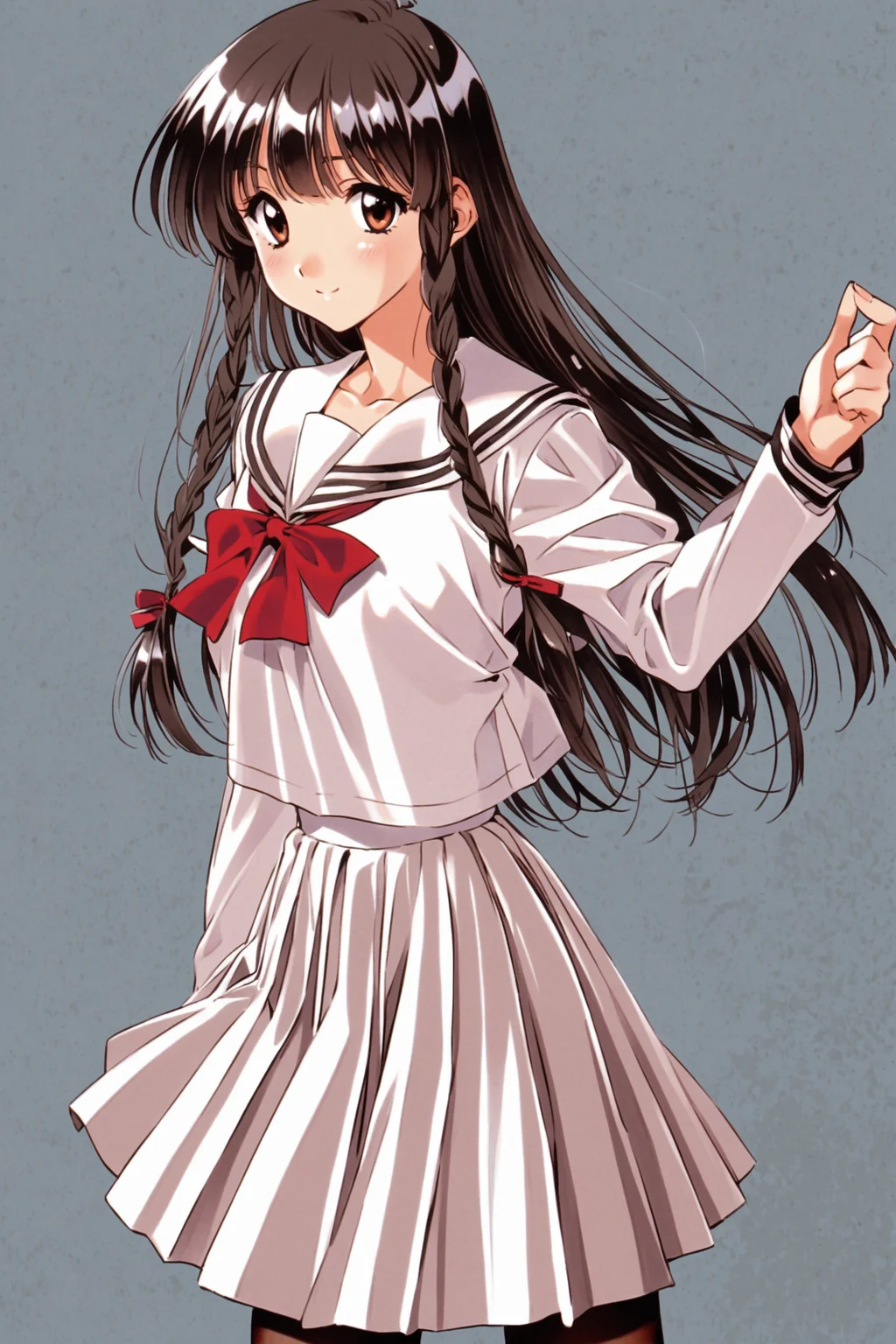 Manami Sugihara,1girl,solo,white school uniform,pantyhose,long hair,braid,black hair,brown eyes,serafuku,skirt,smile,red ribbon,standing,<lora:Mizutani Tooru_XL:0.8>,