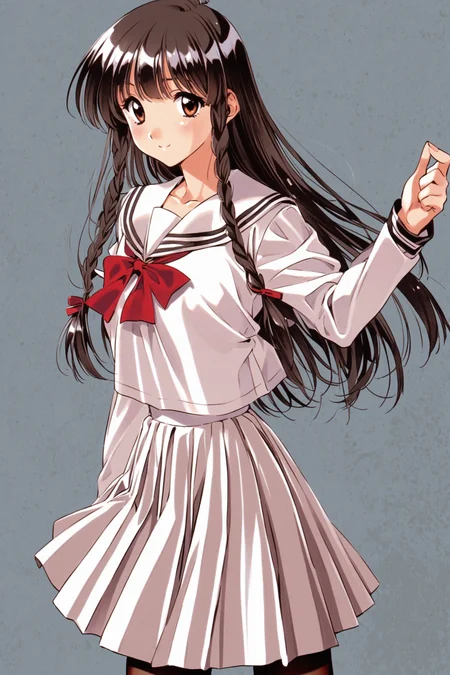 Manami Sugihara,1girl,solo,white school uniform,pantyhose,long hair,braid,black hair,brown eyes,serafuku,skirt,smile,red ribbon,standing,<lora:Mizutani Tooru_XL:0.8>,