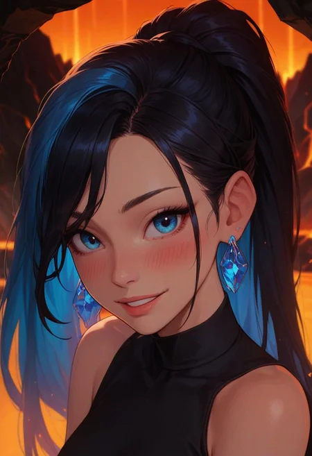 score_9, score_8_up, score_7_up, score_6_up,
1girl, 25 years old, perfect face, (adult), sexy, looking at viewer,
blue eyes,
very long hair, black hair, colored inner hair, blue hair, high ponytail,
small blue earings, crystal earrings,
black sleeveless shirt, blue scarf,
blurry background, depth of field, volcano, lava, eruption, orange background,
blush, shy smile,
portrait, face focus, detailed face,