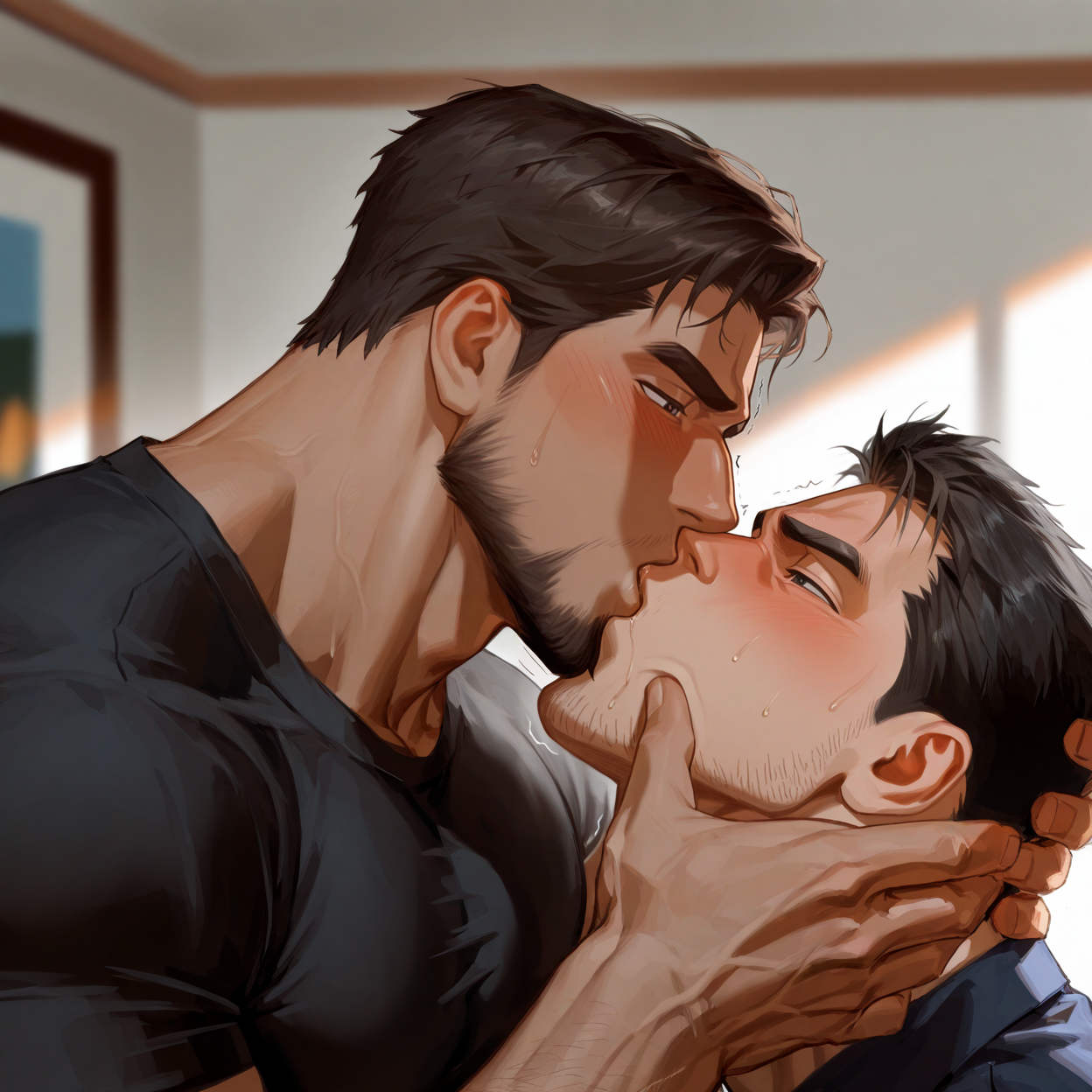 <lora:forcedkiss_illus-07:.75>, ((forced kiss, 2boys, holding another's head, dominant male))
(very short hair, beard, bara, mature, facial hair, stubble, beard, full beard, sideburn, beard, a lot of beard, ), facial hair,male focus, muscular male, muscular male, bara, mature,  bara, mature, aixiwuganda_(20222192), very awa, masterpiece, best quality, absurdres, newest, perfect quality, detailed background, intricate details,
<lora:slider_Body Type_alpha1.0_rank4_noxattn_last:3><lora:Anime Summer Days 2 Style SDXL_LoRA_Pony Diffusion V6 XL:.6><lora:slider_cfg_scale_boost:.7><lora:Artist6p:.55>, Artist6p, Artist04p,<lora:slider_il_brightness_slider_d1:-1><lora:slider_il_contrast_slider_d1:-1><lora:slider_DarkSlider1.2_alpha1.0_rank16_full_300steps:-.6>