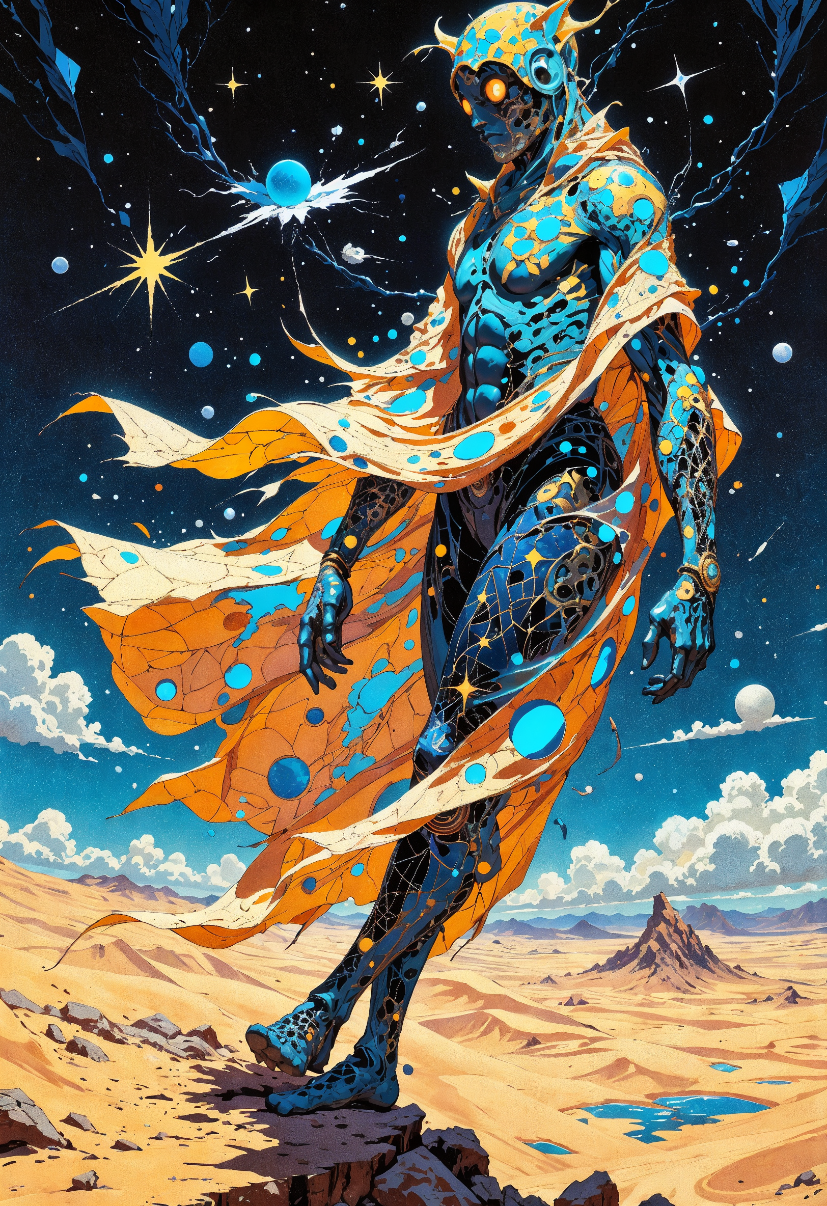 (in Otomo Katsuhiro style:1.2), masterpiece, high-quality, A modern oracle draped in translucent silks layered with intricate patterns of stars and geometric designs creating a kaleidoscopic effect, She floats above an endless desert under a fractured sky where starlight spills through cracks in the cosmos casting surreal reflections on the sands below, cosmic silks, desert mirage, starlit geometry, (Stylized abstract surrealism with geometric textures and a mosaic-like blending of colors:1.1), (elaborate fine details:1.1), (hyperdetailed:1.1), (intricate details:1.0), (Refined details:1.1), (best quality:1.1), (high resolution:1.2), <lora:FLUX\Anime v1.3:0.6> <lora:FLUX\VividlyReal:0.6> <lora:FLUX\FLUX-daubrez-DB4RZ:0.4>