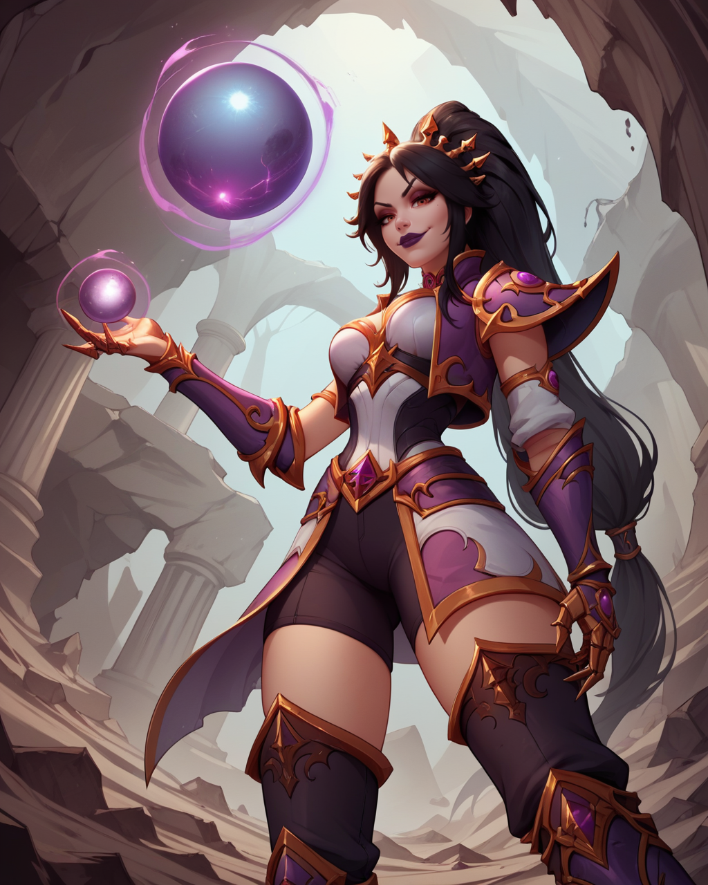 score_9, score_8_up, score_7_up,score_6_up, score_5_up, score_4_up , 1girl, solo,
large breasts,
li-mingdg,
black hair, ponytail, long hair, makeup, lipstick, 
boots, armor, shoulder armor, gauntlets, cropped jacket, armored boots,
orb,
magic, cave, dungeon, pillars, rubble, 
looking at viewer, from below, smug, half-closed eyes, 
 <lora:Li-Ming  (PonyXL) v01.1-000002:0.90>