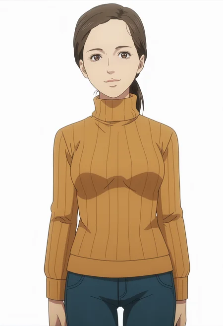 score_9, score_8_up, score_7_up, source_anime, BREAK 1girl, solo, cowboy shot, white background,  <lora:DX888Misaki:1>, shimizu misaki, brown hair, brown eyes, ponytail,   anime screencap, knees together feet apart, standing,  turtleneck sweater, ribbed sweater,  pants,  smile,