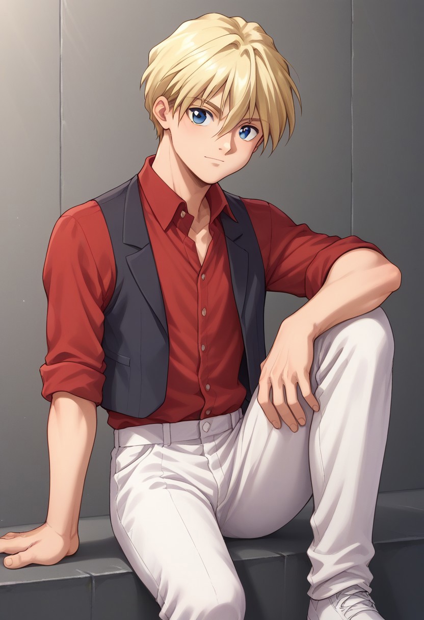 score_9, score_8_up, score_7_up, source_anime, highly detailed, 
raberba, 
solo, 1boy, male focus, blonde hair, vest, shirt, blue eyes, red shirt, sitting,
pants, looking at viewer, sleeves rolled up knee up, short hair, hand on own knee, hair between eyes, white pants,