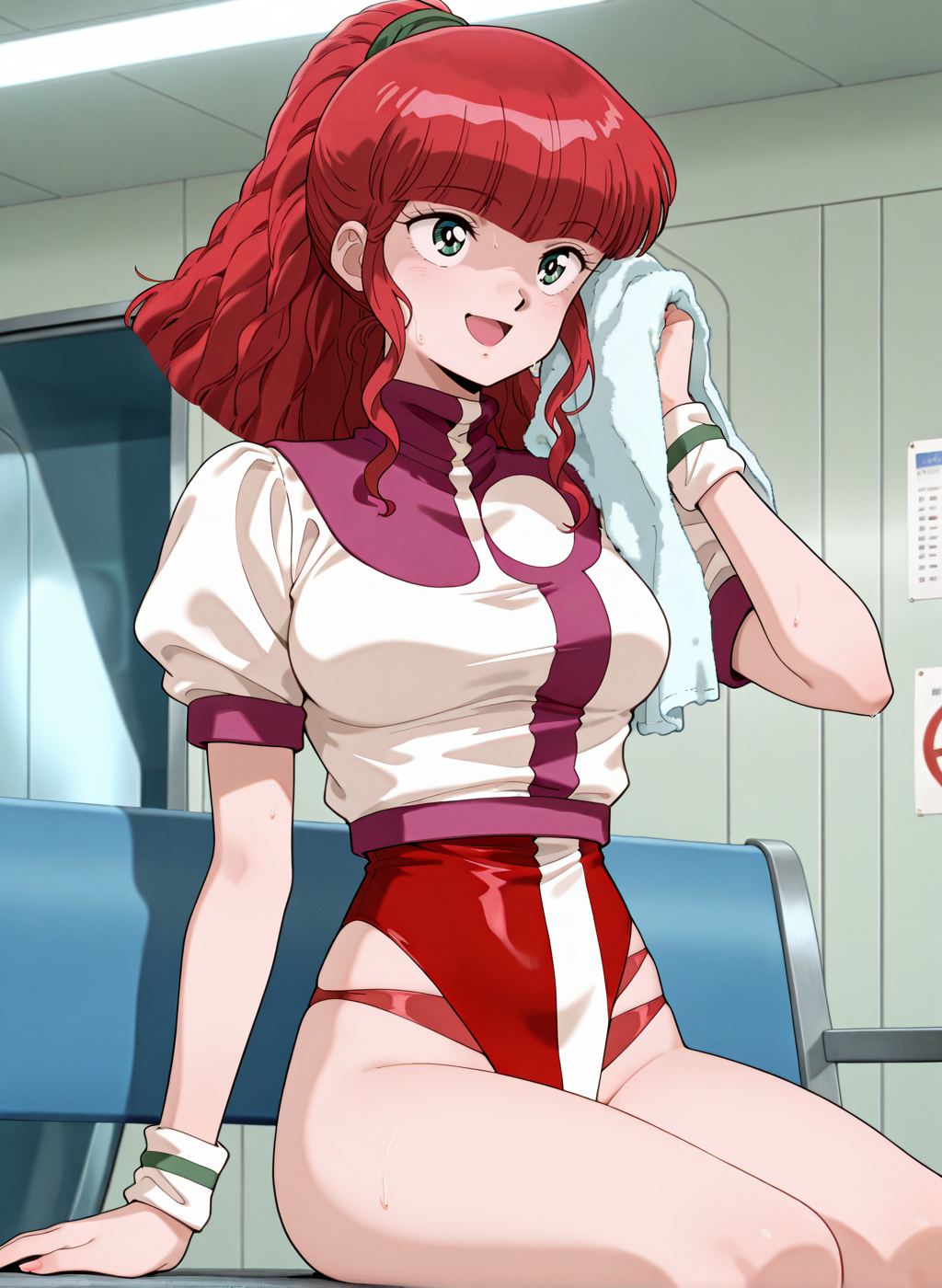High quality,Ultra detailed,best quality,insanely detailed,beautiful,masterpiece,absurdres,very aesthetic,sensitive BREAK
<lora:jung_freud_V1_NOOB:1>,(jung freud, top wo nerae, red hair, long hair, green eyes, ponytail, medium breasts, 1980s \(style\), retro artstyle),(red leotard,uniform,turtleneck,short sleeves,puffy sleeves),1girl,solo,posing,indoors,science fiction,sitting,sitting on bench,:d,sweat,towel,
