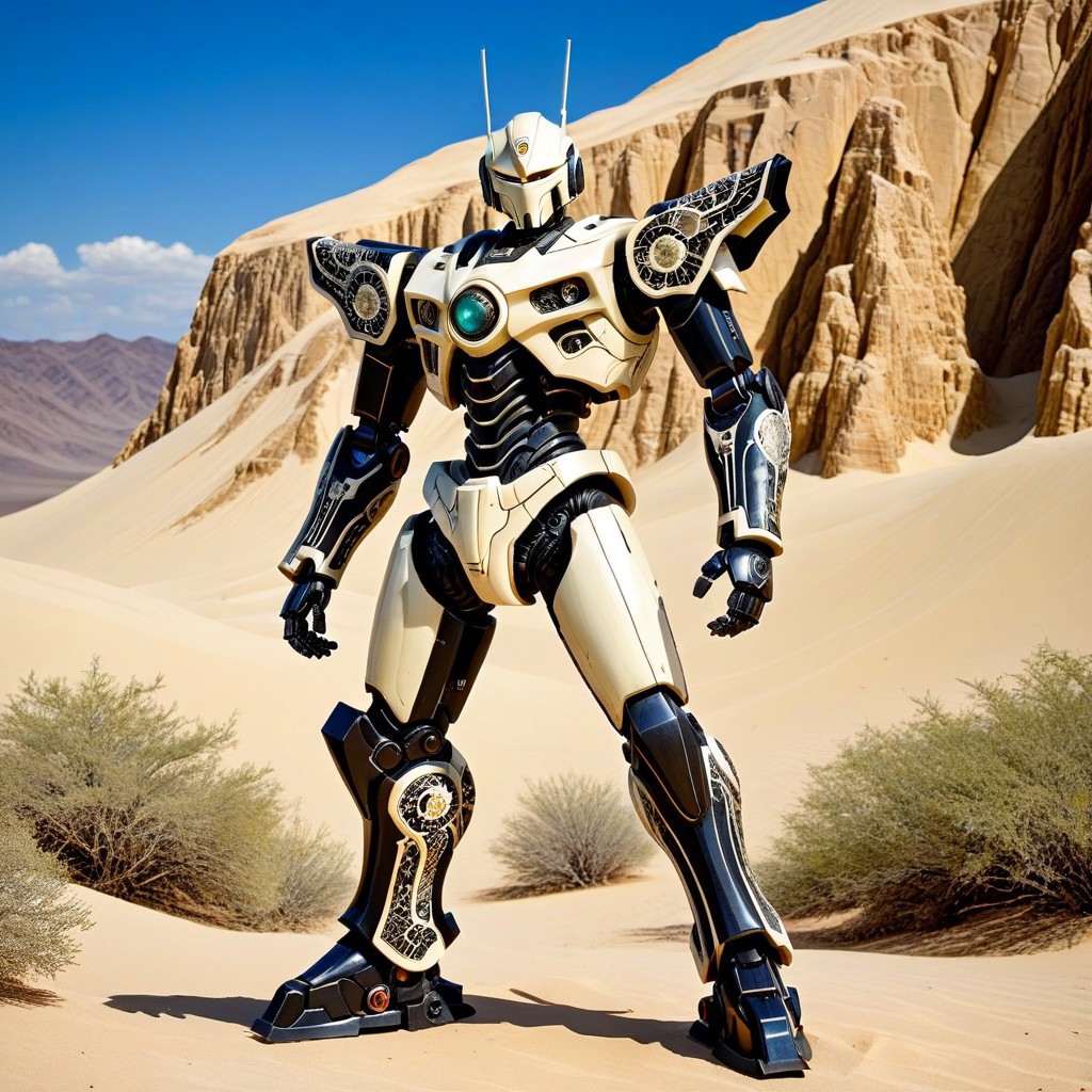 made out of, ebony, ivory, scrimshaw, bone carving, mecha, standing, pose, super robot anime, anime style,  desert mountain, 2d high score, masterpiece, best quality, absurdres,