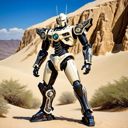 made out of, ebony, ivory, scrimshaw, bone carving, mecha, standing, pose, super robot anime, anime style,  desert mountain, 2d high score, masterpiece, best quality, absurdres,