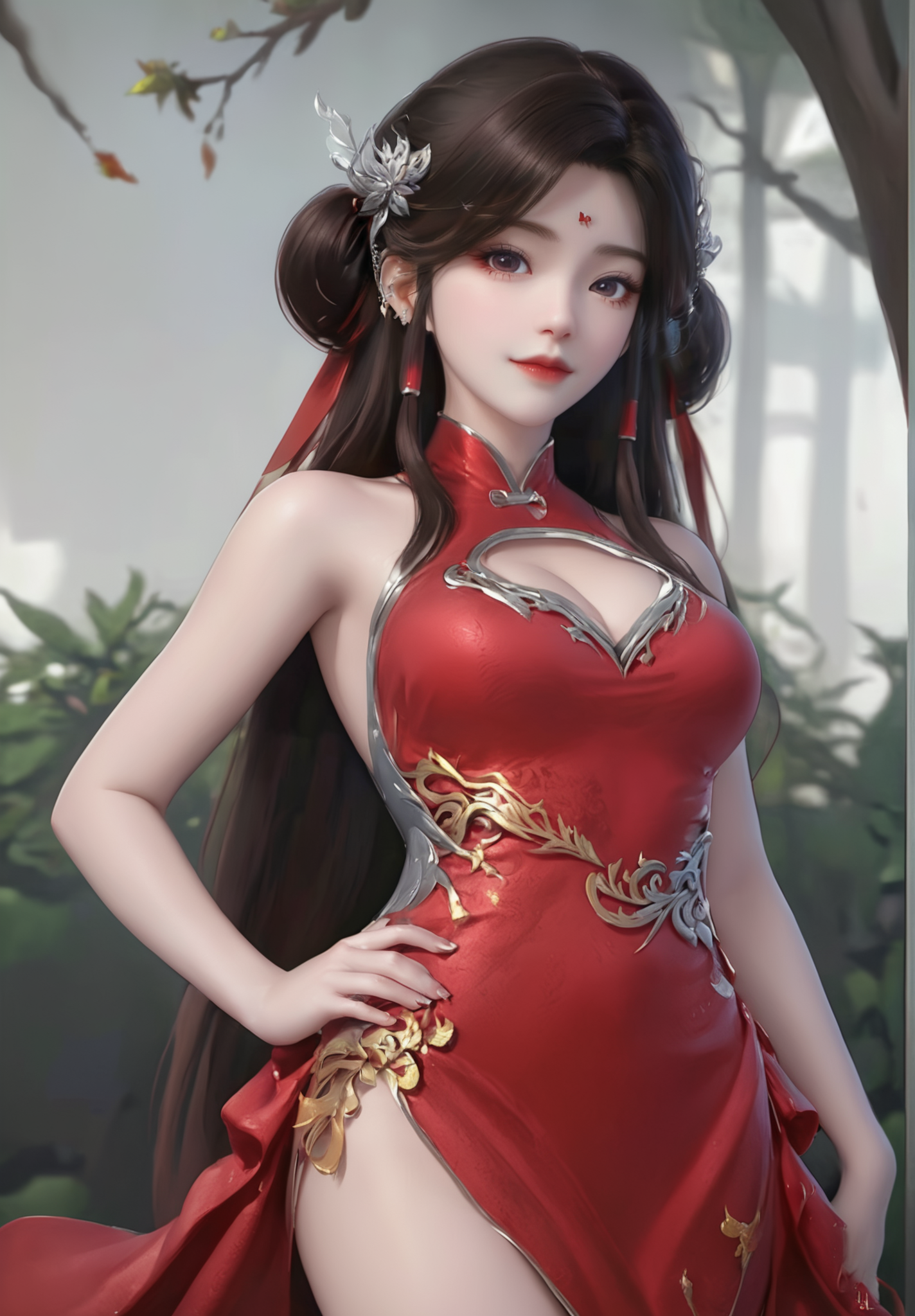 looking_at_viewer,cowboy_shot,(hand_on_hip:1.4),1girl,solo,dress,(face light:1.5),hair ornament,portiart,from front,masterpiece,(best quality),official art,extremely detailed cg 8k wallpaper,((crystalstexture skin)),(extremely delicate and beautiful),solo,photo_\(medium\),hiqcgbody,chinese background,(smile:0.4),red cheongsam,eye-contact,jewelry,long hair,<lora:huolinger_V2-000008:1>,
