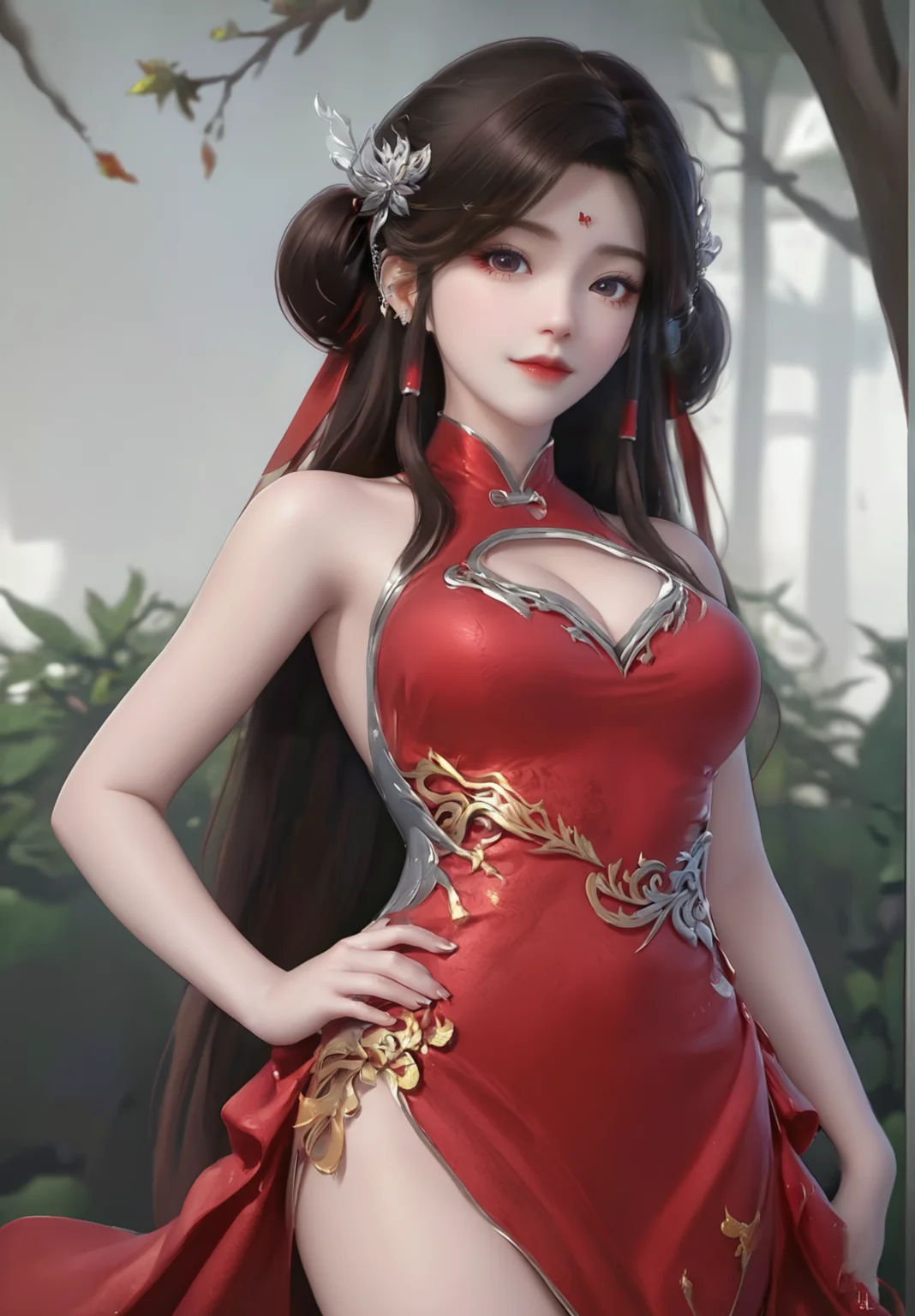 looking_at_viewer,cowboy_shot,(hand_on_hip:1.4),1girl,solo,dress,(face light:1.5),hair ornament,portiart,from front,masterpiece,(best quality),official art,extremely detailed cg 8k wallpaper,((crystalstexture skin)),(extremely delicate and beautiful),solo,photo_\(medium\),hiqcgbody,chinese background,(smile:0.4),red cheongsam,eye-contact,jewelry,long hair,<lora:huolinger_V2-000008:1>,