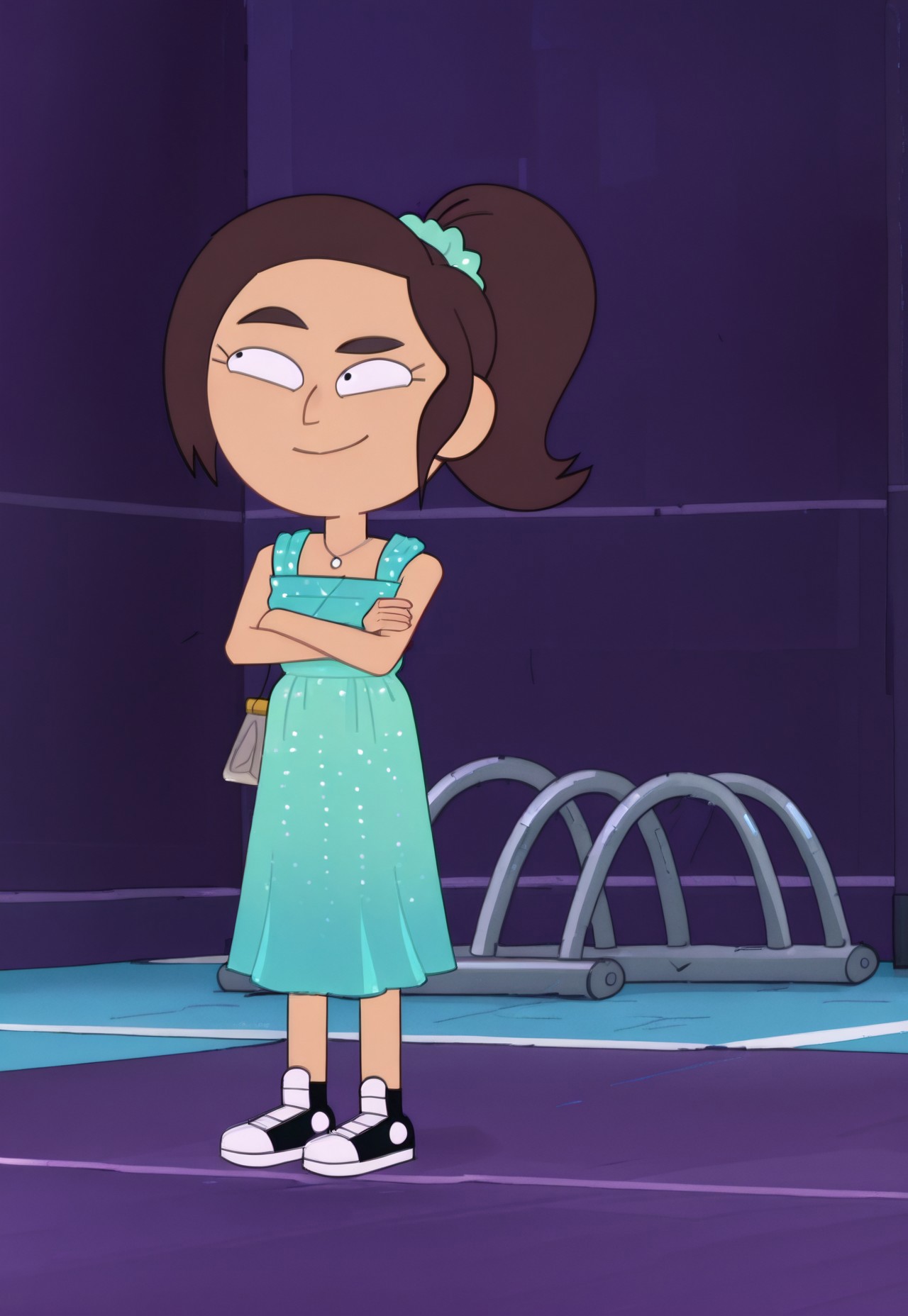 Reagan Ridley, brown hair, pony tail bound by teal scrunchie,
teal sparkling dress, sneakers.
School gym, smile, arms crossed