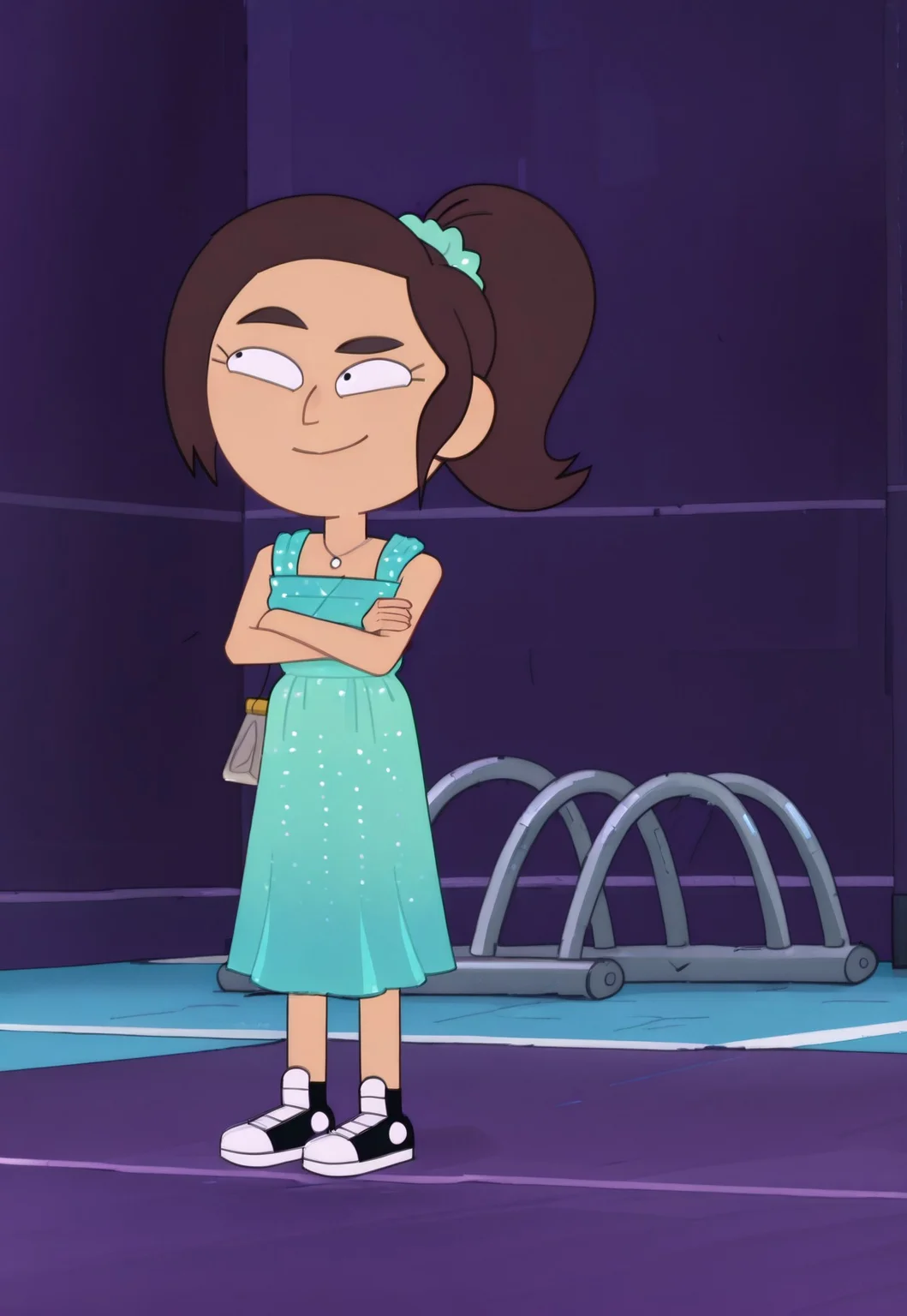 Reagan Ridley, brown hair, pony tail bound by teal scrunchie,
teal sparkling dress, sneakers.
School gym, smile, arms crossed