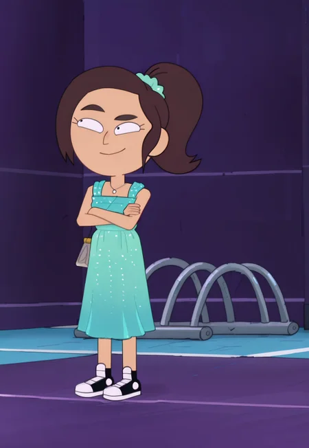 Reagan Ridley, brown hair, pony tail bound by teal scrunchie,
teal sparkling dress, sneakers.
School gym, smile, arms crossed