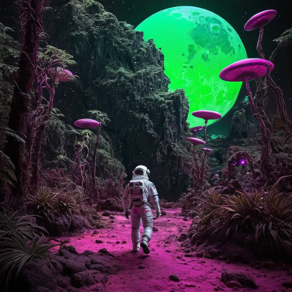 radiant darkness, futuristic astronaut on an alien jungle planet, neon greens pinks and purples, 3 moons, rocks seeping noxious gasses, intricate and detailed, realistic, photograph, <lora:Radiant_Darkness:1>