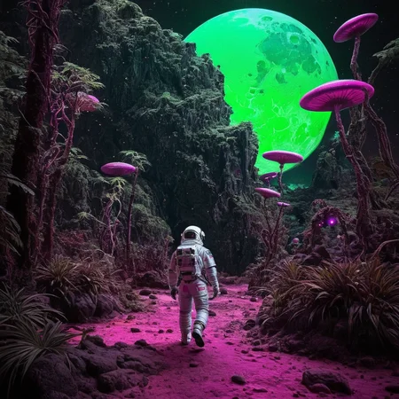 radiant darkness, futuristic astronaut on an alien jungle planet, neon greens pinks and purples, 3 moons, rocks seeping noxious gasses, intricate and detailed, realistic, photograph, <lora:Radiant_Darkness:1>