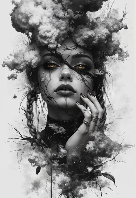 foggy, surreal dream, double exposure, living in a thunder cloud, abstract, fantasy, bo-abyss, bo-abstract, aidmaMJ6.1, a highly detailed, black-and-white digital illustration depicting a young woman with a delicate, ethereal appearance, she has fair skin and a serene expression, with her eyes closed and her lips slightly parted, her hair is styled in intricate, voluminous braids that cascade down her back, adorned with delicate, leaf-like decorations, her left ear is pierced with a small, intricate design, and she wears multiple rings on her fingers, adding to her edgy, rebellious look, her makeup is bold and dramatic, featuring heavy eyeliner and mascara, enhancing her dramatic eye color, the background is a plain, light gray, ensuring that the focus remains on the subject, the texture of her hair and makeup is smooth and detailed, with subtle shading that enhances the realism of the artwork, the overall style is reminiscent of gothic or fantasy art, with a strong emphasis on fine details and subtle shading<lora:Flux\boFLUX AbstractMorph.safetensors:0.6:0.6> <lora:Flux\boFLUX digital-abyss.safetensors:0.8:0.8> <lora:aidmaMJ6.1-FLUX-v0.4.safetensors:0.9:0.9> <lora:Flux\FluxDFaeTasticDetails.safetensors:0.5:0.5>