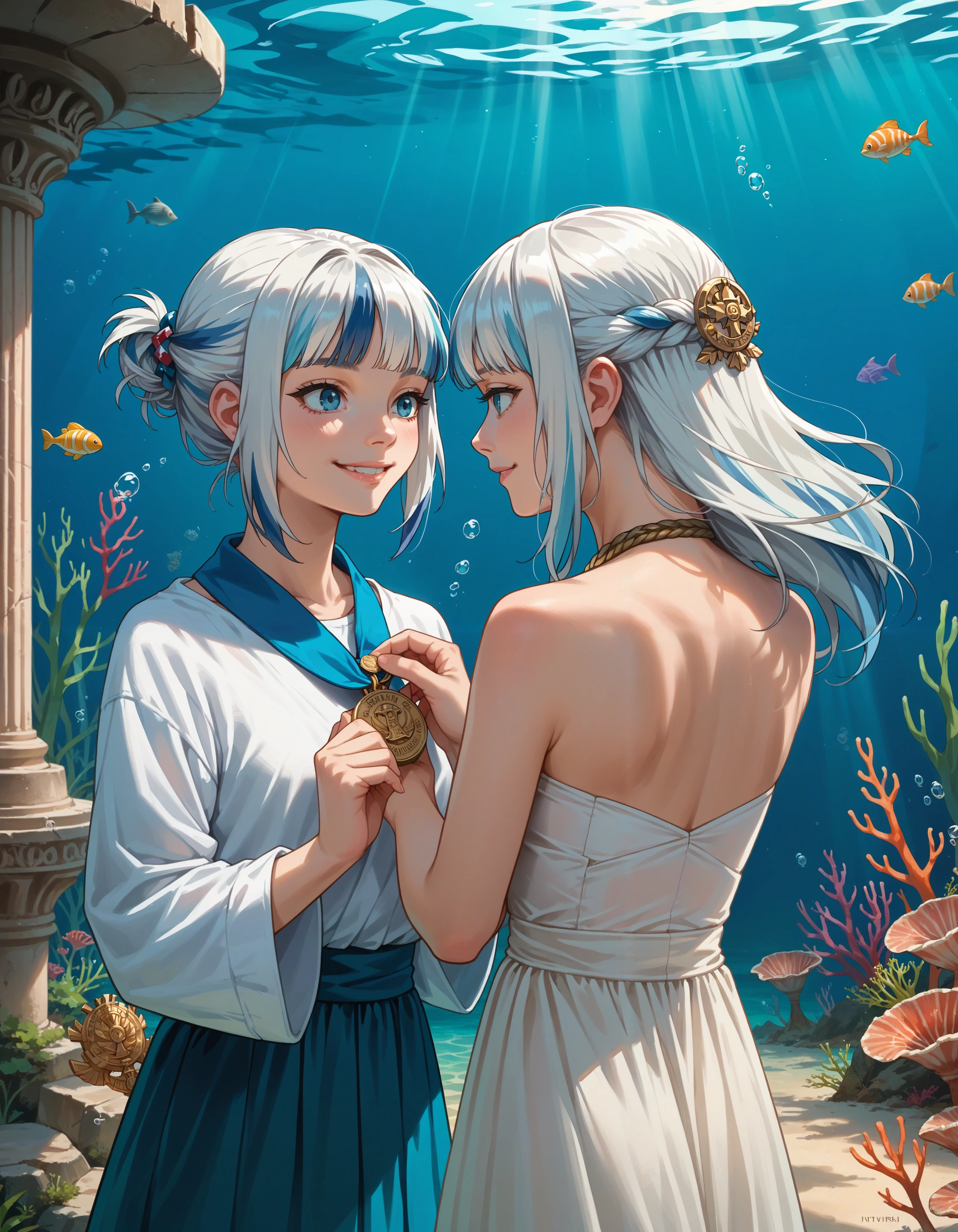 score_9, score_8_up, score_7_up, source_anime,
2girls, awarding medal, back, looking at mirror, atlantis, underwater, greek temple,
(pitvinm:1.1), streaked hair, white hair, hair ornament, light smile,
<lora:concept_awarding-front-rls:1>