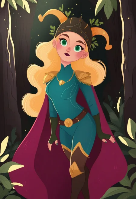 MSMLN, 1girl, solo, ldylki, long hair, green eyes, horned helmet, hair ornament, looking at viewer, head tilt,
breasts,
fur trim, cape, necklace, bodysuit, armor, shoulder pads, belt, fingerless gloves, nail polish, high heel boots,, forest, dappled sunlight, upper body, looking at viewer