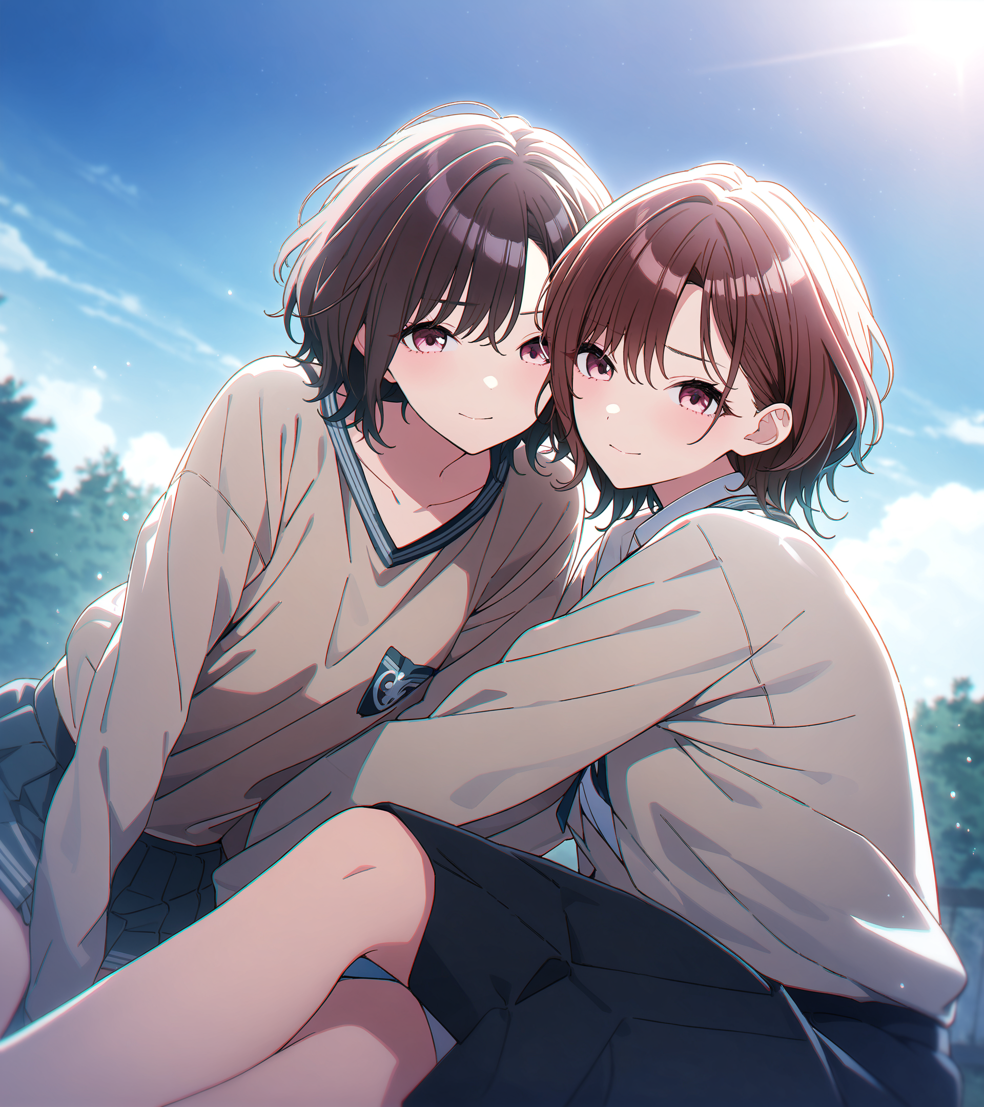 masterpiece, best quality, absurdres, very authentic, perfect composition, official art, (2girls:1.1), asakura toru, higuchi madoka, idolmaster shiny colors, looking at viewer, outdoors, blue sky, lens flare, depth of field, chromatic aberration, light particles, school, <lora:KishidaMel-anxl31-000036:1>,