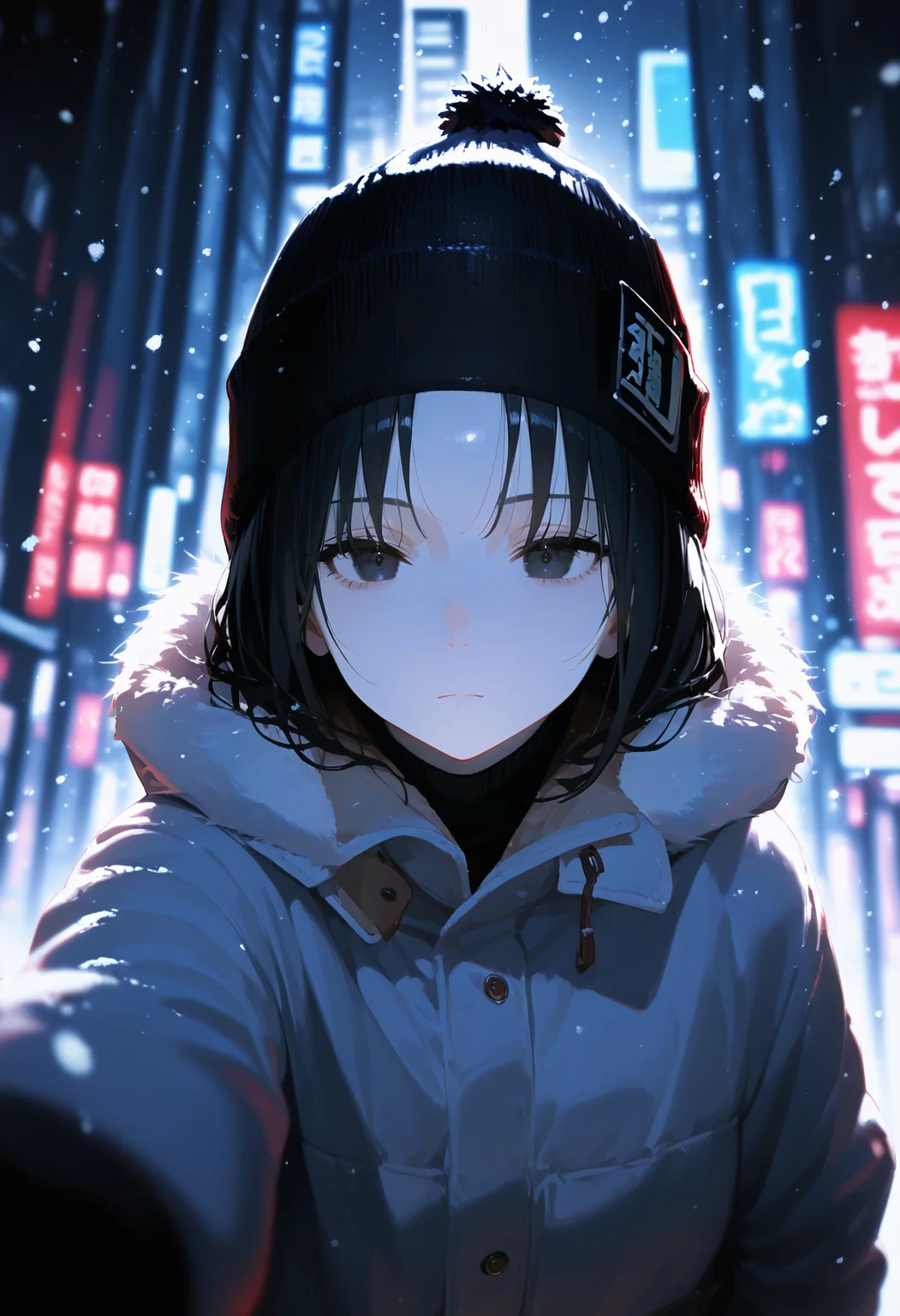 <lora:EtherPDXLStyleXL:1>, best quality, masterpiece, EtherPDXLStyle, 1girl, snowing, winter clothes, beanie, black hair, black eyes, pale skin, expressionless, cold, from above, pov, foreshortening, depth of field, bright lights in background, blurry background, outdoors, city, winter