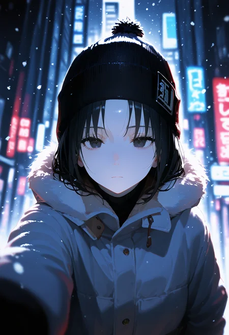<lora:EtherPDXLStyleXL:1>, best quality, masterpiece, EtherPDXLStyle, 1girl, snowing, winter clothes, beanie, black hair, black eyes, pale skin, expressionless, cold, from above, pov, foreshortening, depth of field, bright lights in background, blurry background, outdoors, city, winter