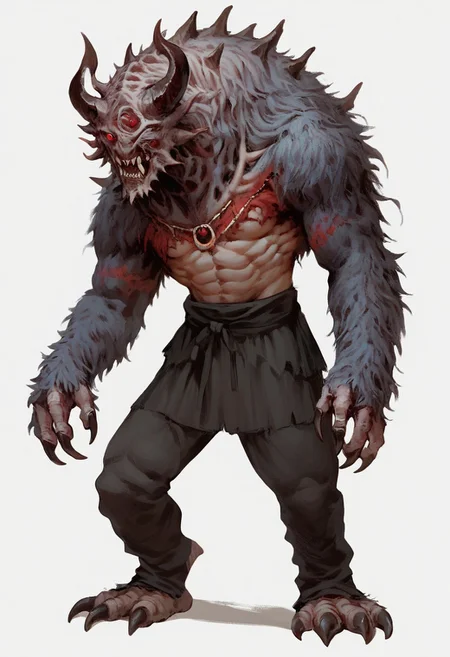 score_9, score_8_up, score_7_up, score_6_up, score_5, score_4_up, Fhunger, male focus, white background, horns, red eyes, full body, simple background, abs, claws, monster, solo, no humans, muscular, standing, 1boy