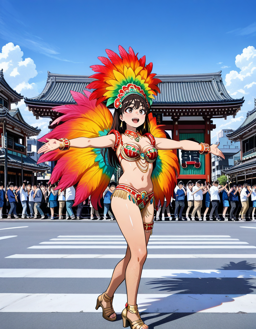 score_7_up, anime BREAK official art, 
<lora:Asakusa_Samba_Carnival:1>, Asakusa Samba Carnival, 
1girl, solo focus, navel, multiple boys, feathers, 6+boys, high heels, jewelry, midriff, bracelet, outstretched arms, samba costume, dancing, fishnets, jewelry bikini, headdress, photo background, 
street, road, crosswalk, cloud, sky, day, real world location, outdoors, building, blue sky, architecture, scenery, sign, east asian architecture, city, pavement, people, cloudy sky, sidewalk, kaminarimon gate, outdoors,
(masterpiece:1.3), best quality, high resolution, unity 8k wallpaper, extremely detailed CG, 8K, (watercolor \(medium\), muted color, sketch:1.1), perfect anatomy, highly finished, masterpiece, best quality, high quality, amazing quality, great quality, very aesthetic, ultra detailed, highres, absurdres, highly detailed, highly detailed background,