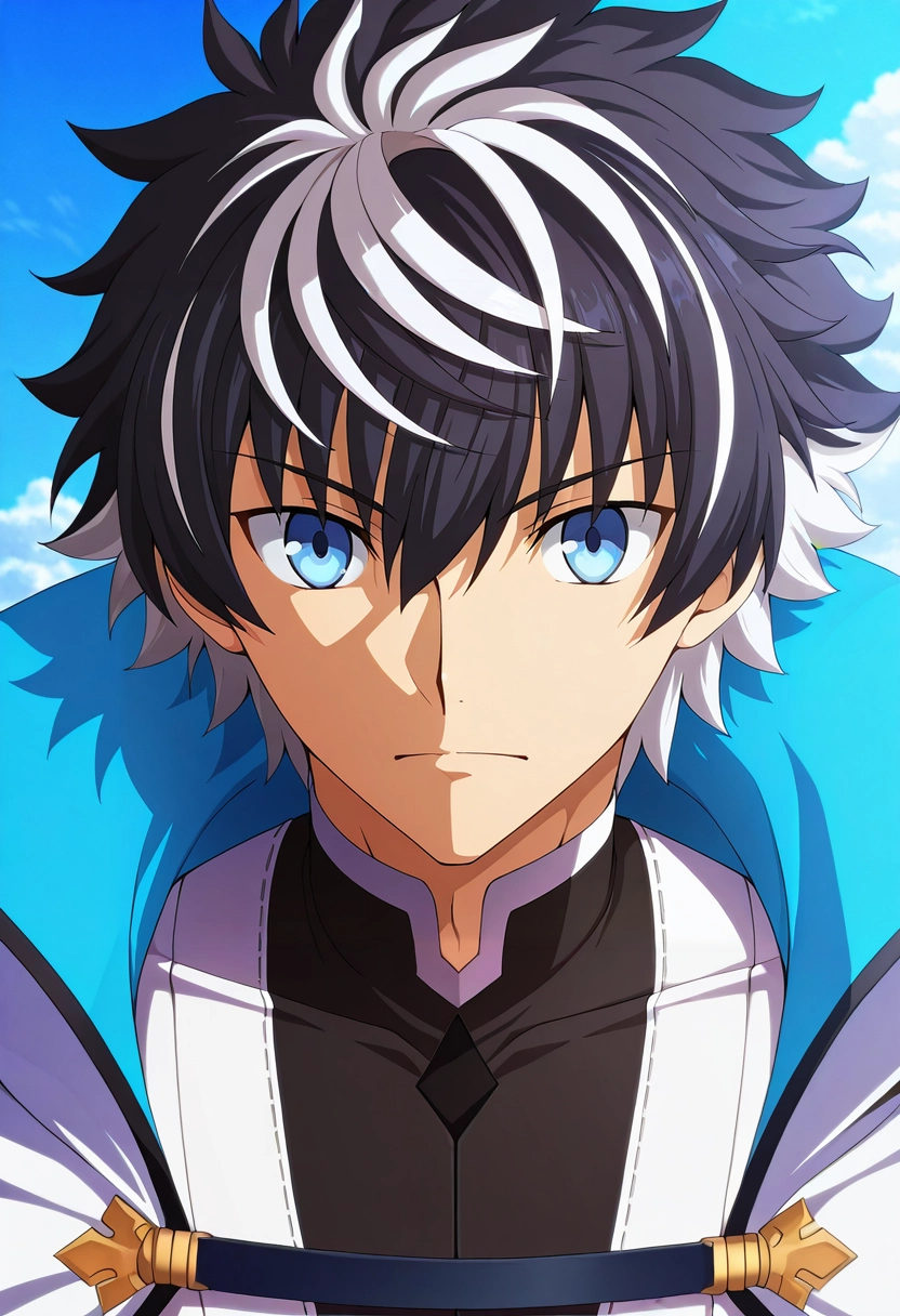 masterpiece, best quality, , anime screencap, anime coloring, official style, looking at viewer, 1boy, solo, male focus, <lora:charlemagne_fate_ilxl:0.9>, charlemagne_fate, black hair, blue eyes, multicolored hair, white hair, two-tone hair, short hair, hair between eyes, bangs, streaked hair, , ,