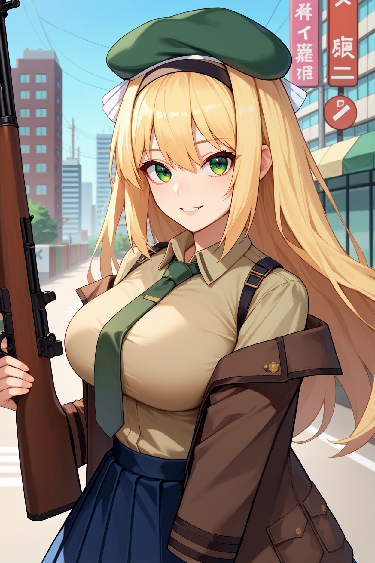 score_9, score_8_up, score_7_up, score_6_up, source_anime, 1girl, solo,   <lora:m1garand-pdxl-nvwls-v1-000005:1> gflm1, blonde hair, long hair, green eyes, beret, black hairband, green necktie, beige shirt, collared shirt, brown jacket, blue skirt, pleated skirt, black pantyhose, big breasts, upper body, portrait, looking at you, city, grey sky, light smile, holding m1 garand rifle