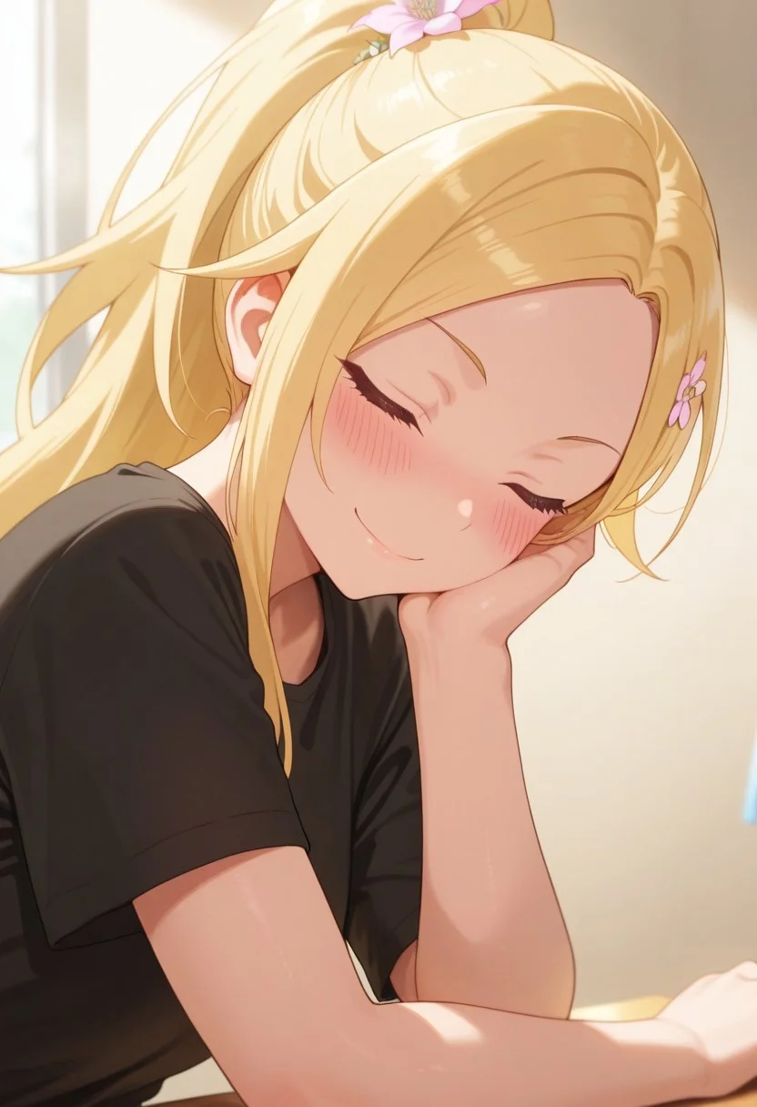 masterpiece,best quality,amazing quality, matsugazaki karen, blonde hair, long hair, 1girl, closed eyes, solo, hair ornament, ponytail, smile, shirt, closed mouth, blush, flower, hair flower, black shirt