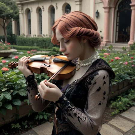 score_9, score_8_up, score_7_up Orianna gracefully playing a haunting melody on her violin in a moonlit garden