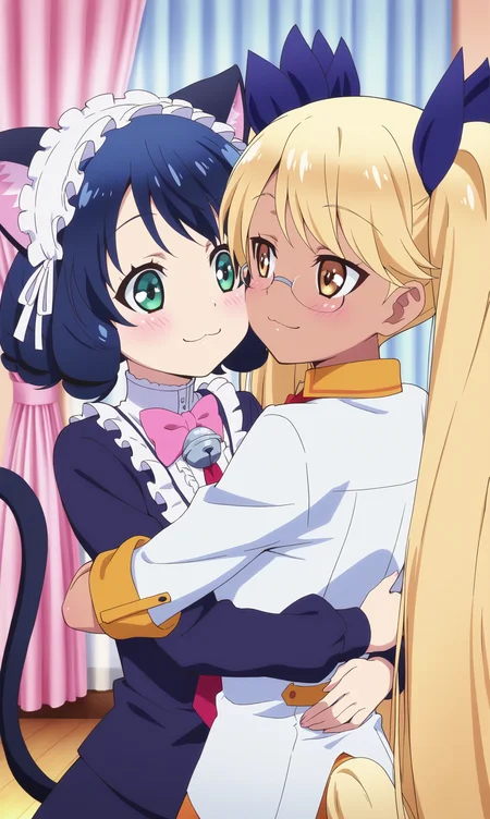 masterpiece, best quality, beautiful eyes, zzzzRetoree, zzCyanHijirikawa, multiple girls, 2girls, animal ears, looking at back, face-to-face, cat ears, blonde hair, selfie angle, necktie, green eyes, cheek-to-cheek, tail, cat tail, dog tail, glasses, from behind, hug, cat girl, twintails, bell, long hair, smile, cat tail, bow, curly hair, very long hair, ribbon, black hair, hair ribbon, jingle bell, looking at back, :3, red necktie, closed mouth, up hand, blue hair, maid headdress, yellow eyes, :(, short hair, bowtie, blush, shirt, curtains, hairband, pink bow, frills, holding phone, upper body, dark skin, brown eyes, dark-skinned female, rimless eyewear, white shirt,