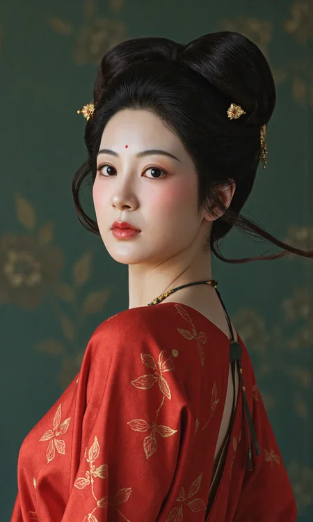 Top Atmosphere Photography Works, extremely realistic, Art by Zhang Jing,
(1girl/gsfh, hwf, mudan, solo, hair ornament, jewelry, necklace, realistic, black hair, portrait, lips, red hanfu, wedding, makeup, updo, full chest, Focus on the face, Focus on the eyes, very detail face, very beautiful face, very clear face, very clear eyes, perfect black eyes),
from behind looking back,
masterpiece, best quality, amazing quality, very aesthetic, absurdres, newest, haute couture,
minimalistic composition, (dark green background details/Peony pattern, Peony), floating hair,
light from one side, dark shadow,
(photorealistic:1.5), (Extremely realistic, masterpiece, top quality, official art, best quality, beautiful and aesthetic:1.2), 4k, 8k, very rich details, 24bit colors, vivid colors, cinematic color grading, landscape,