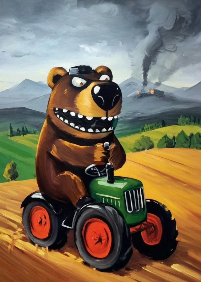 angry gangster bear with gun on tractor hills fields on BG oil painting <lora:LojkinXL:0.8> <lora:add-detail-xl:0.4>
