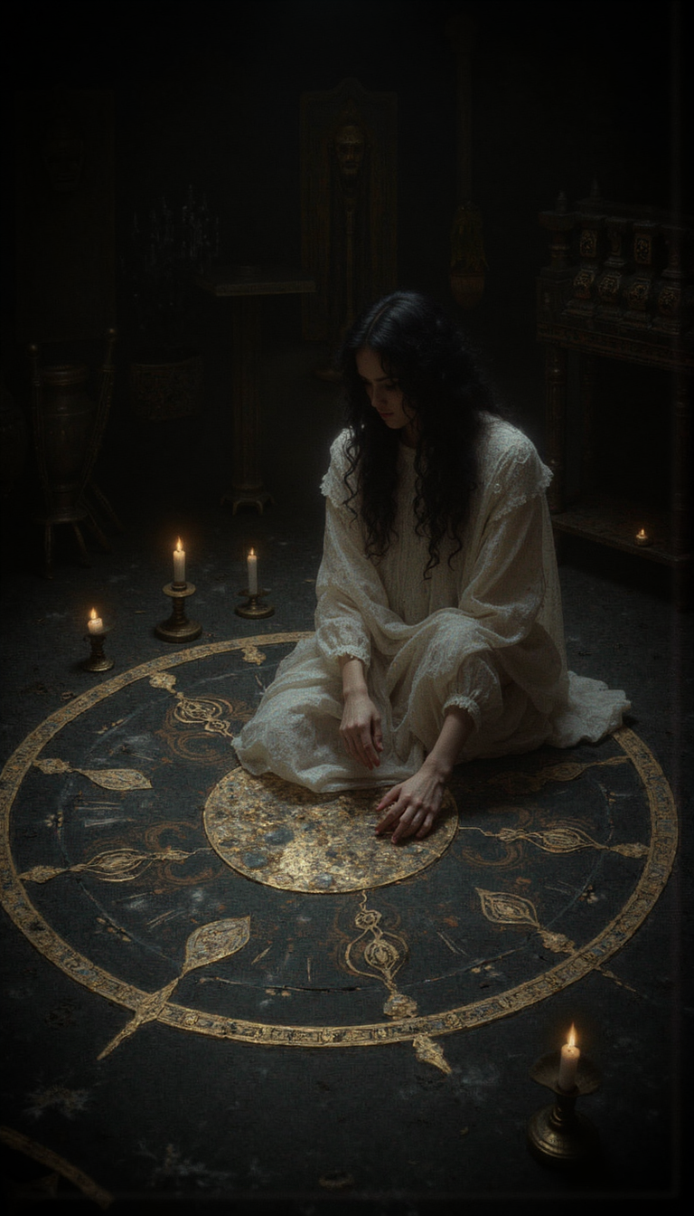 GLOW,intricate tetradic colors in every details,FLUORESCENT,asian woman, A young woman in a white dress, illuminated by a tenebrous, ethereal light emanating from above, kneels within an intricate chalk circle inscribed with esoterically charged sigils on a dark, aged wooden floor. Six flickering candles, strategically positioned at cardinal points around the circumference, cast dancing shadows that imbue the scene with an air of arcane ritual. The woman, her face partially obscured by a curtain of long, dark hair, gazes downwards, her delicate fingers poised above the cryptic symbols as if about to trace their potent forms. Her pose suggests both concentration and a vulnerability to the forces she seeks to invoke. A high-angle shot emphasizes the ritualistic geometry of the scene, while the dark, muted color palette enhances the aura of occult mystery. The background, shrouded in deep shadows, hints at the confines of a forgotten chamber, its walls bearing the patina of time and possibly, whispers of past incantations.