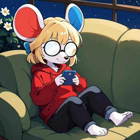 score_9, score_8_up, score_7_up, night, flower field background, fireflies, full body shot, female, solo, 1girl, cute, petri, blonde hair, white fur, blue inner ear, red inner ear, mouse, furry, red hoodie, blue hoodie, black pants, glasses, opaque glasses, round eyewear, inside, on couch, laying, holding phone