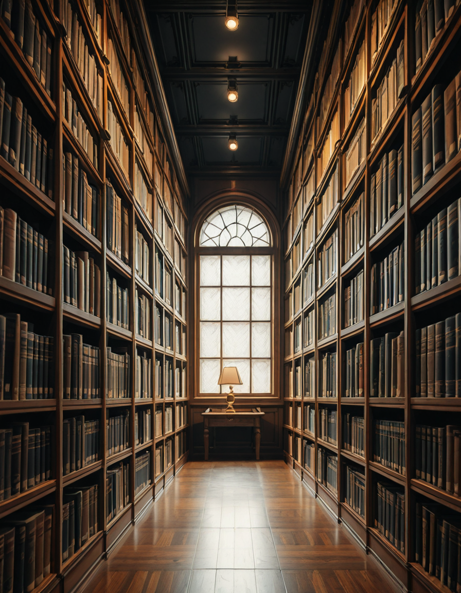 A quiet and dimly lit aisle in a grand university library, lined with tall wooden bookshelves filled with countless books of various sizes and colors. The shelves stretch high, nearly reaching the ceiling, with small ladders placed along the aisle for access to the upper rows. The soft glow of overhead lights casts a warm ambiance, illuminating the dust particles floating in the air. The floor is covered in polished hardwood or a subtle-patterned carpet, absorbing the quiet footsteps of visitors. At the far end of the aisle, a large window lets in a gentle stream of natural light, creating a contrast between the warm artificial glow and the cool daylight. Some books are slightly pulled out from the shelves, and a few are stacked on a nearby wooden table, suggesting recent use. The atmosphere is serene and intellectual, evoking a sense of knowledge, discovery, and timeless academia. The composition is symmetrical, drawing the eye down the center of the aisle, creating depth and perspective.
<lora:SDXLFaeTastic2400:0.4> <lora:extremely_detailed:0.4> extremely detailed, <lora:University_Library_41sl3-ill:1>,University Library 41sl3, Masterpiece,best quality,hi res,8k,hi res,8k,award winning,(sharp focus, intricate, highly detailed),