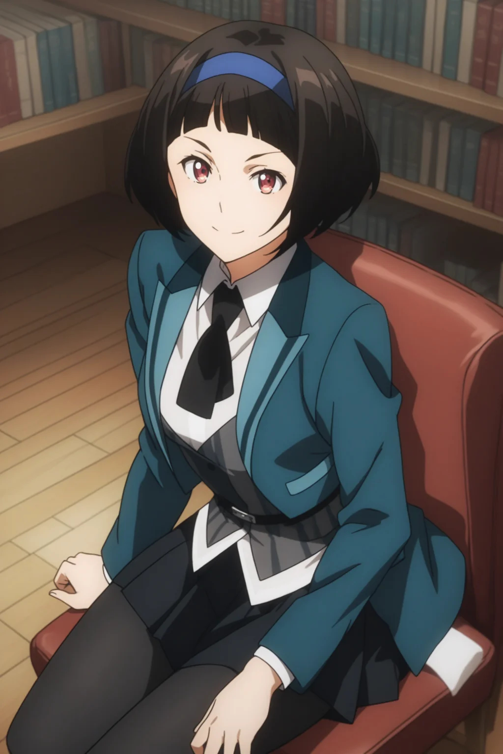 score_9, score_8_up, score_7_up, score_6_up, score_5_up, source_anime, rating_safe, medium breasts, indoors, library, 1girl, solo, looking at viewer, <lora:age_slider_v4:2>, (dynamic pose:1.2), kazuki ferrari, short hair, black hair, bob cut, blue hairband, school uniform, green jacket, white shirt, collared shirt, black neckerchief, grey vest, striped vest, belt, black skirt, pleated skirt, black pantyhose, boots, <lora:Kazuki_Ferrari:0.9>, smile, sitting on chair