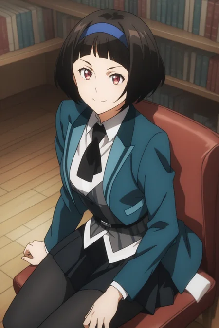 score_9, score_8_up, score_7_up, score_6_up, score_5_up, source_anime, rating_safe, medium breasts, indoors, library, 1girl, solo, looking at viewer, <lora:age_slider_v4:2>, (dynamic pose:1.2), kazuki ferrari, short hair, black hair, bob cut, blue hairband, school uniform, green jacket, white shirt, collared shirt, black neckerchief, grey vest, striped vest, belt, black skirt, pleated skirt, black pantyhose, boots, <lora:Kazuki_Ferrari:0.9>, smile, sitting on chair