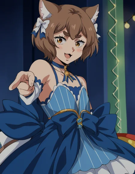score_9, score_8_up, score_7_up, source_anime, <lora:felix-argyle-s3-p1-ponyxl-lora-nochekaiser:1>, felix argyle, short hair, bangs, brown hair, bow, animal ears, hair bow, male focus, cat ears, eyelashes, bob cut, thick eyebrows, white bow, otoko no ko,, dress, bare shoulders, collarbone, jacket, tail, pantyhose, detached sleeves, choker, striped, blue dress, vertical stripes, crossdressing, frills, skirt,, arcade, games, lights, fun, retro, smile, <lora:jotaro-kujo-pose-ponyxl-lora-nochekaiser:1>, jotaro kujo pose, kujo jotaro's pose (jojo), jojo pose, pointing, pointing at viewer, blush, open mouth, bed room,, cowboy shot, looking at viewer, solo,, dutch angle, cowboy shot
