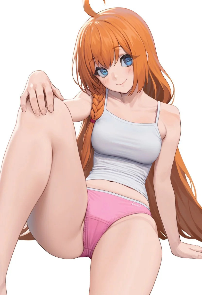 score_9, score_8_up,score_7_up,score_6_up,score_5_up, score_4_up,carlom ,1girl, solo, long hair, breasts, looking at viewer, blush, smile, bangs, blue eyes, simple background, white background, navel, bare shoulders, medium breasts, sitting, very long hair, closed mouth, underwear, collarbone, panties, braid, ahoge, thighs, midriff, orange hair, bare arms, arm support, tank top, pink panties, side braid, camisole, knee up, pecorine (princess connect!)