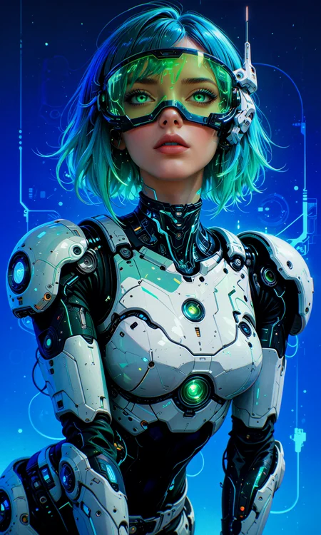 masterpiece, best quality, amazing quality, very aesthetic, absurdres, newest
digital art, focused subject, dynamic angle, sexy pose, futuristic, sci-fi
1girl, solo, long turquoise hair, intense gaze, parted lips, forward-looking expression, dynamic pose
see-through holographic visor, full-face hud visor, white armor, glowing lines, neon blue and green hues, cybernetic aesthetic, advanced technology, dramatic lighting, strong highlights, deep shadows, high detail, atmospheric depth
bright blue background
in the style of cksc, in the style of cknc, in the style of ck-rw, btiflgrlsnrv2 <lora:reij-detaILer v2:0.4> <lora:spo_sdxl_10ep_4k-data_lora_webui:0.8> <lora:ck-shadow-circuit-IL-000012:0.8> <lora:ck-nc-cyberpunk-IL-000011:0.4> <lora:ck-neon-retrowave-IL-000012:0.2> <lora:Beautiful_Girls_V2:0.8>