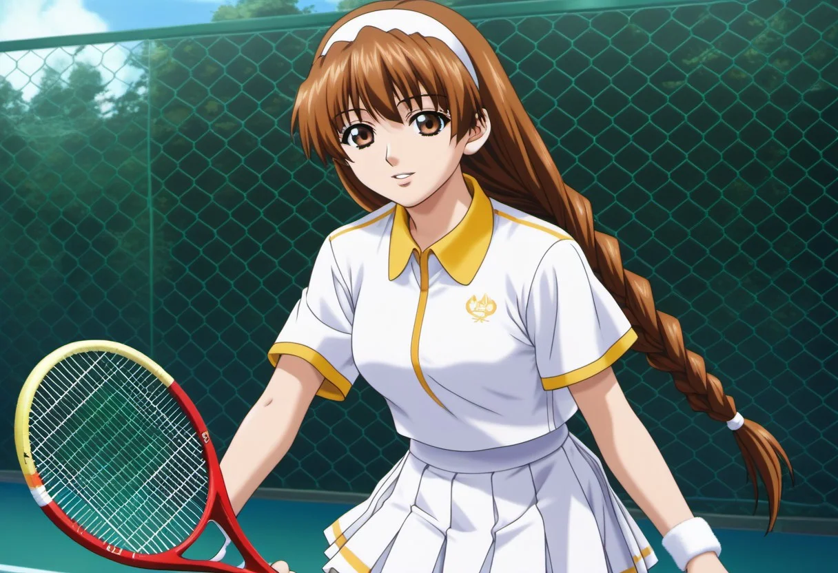 1girl,solo,masterpiece,best quality,good quality,newest,
outdoors,
parted lips, light smile, looking at viewer,
solo,
2000s (style),anime screencap,
karyuin_tomoe (kaen seibo: the virgin on megiddo),1girl,brown hair,hairband,braids sidelocks,long hair,brown eyes,very long hair,
long hair,brown eyes,
tennis uniform,yellow collar,white shirt,short_sleeves,yellow trim,
white skirt,pleated_skirt,miniskirt,
wristband,holding tennis racket,chain-link fence,ball,,
standing,