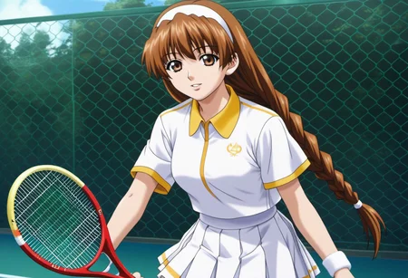 1girl,solo,masterpiece,best quality,good quality,newest,
outdoors,
parted lips, light smile, looking at viewer,
solo,
2000s (style),anime screencap,
karyuin_tomoe (kaen seibo: the virgin on megiddo),1girl,brown hair,hairband,braids sidelocks,long hair,brown eyes,very long hair,
long hair,brown eyes,
tennis uniform,yellow collar,white shirt,short_sleeves,yellow trim,
white skirt,pleated_skirt,miniskirt,
wristband,holding tennis racket,chain-link fence,ball,,
standing,