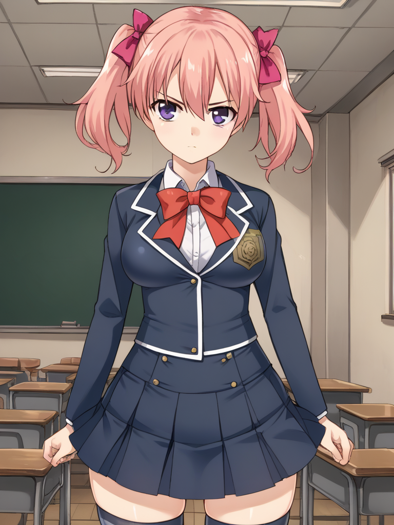 1girl, solo, fgsakura, pink hair, twintails, hair bow, purple eyes, bowtie, collared shirt, blazer, skirt, thighhighs, school uniform, medium breasts, indoors, classroom, serious, cowboy shot