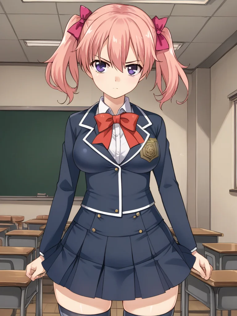 1girl, solo, fgsakura, pink hair, twintails, hair bow, purple eyes, bowtie, collared shirt, blazer, skirt, thighhighs, school uniform, medium breasts, indoors, classroom, serious, cowboy shot